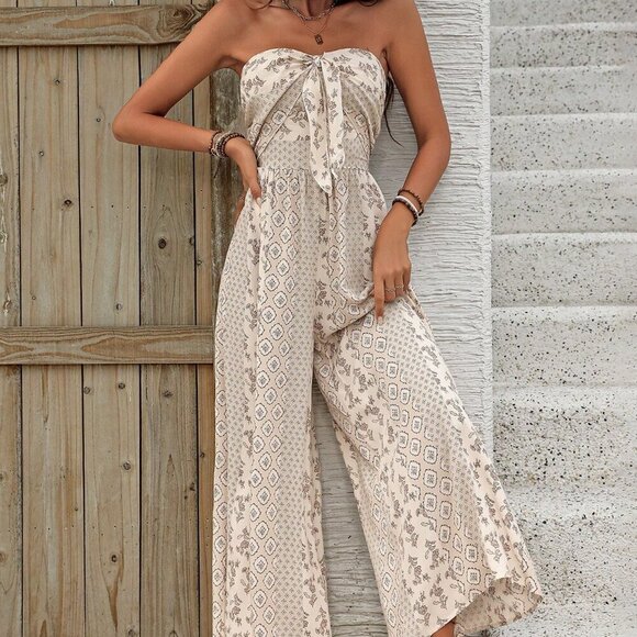 Pants - Apricot Boho Women's Printed Strapless Jumpsuit
